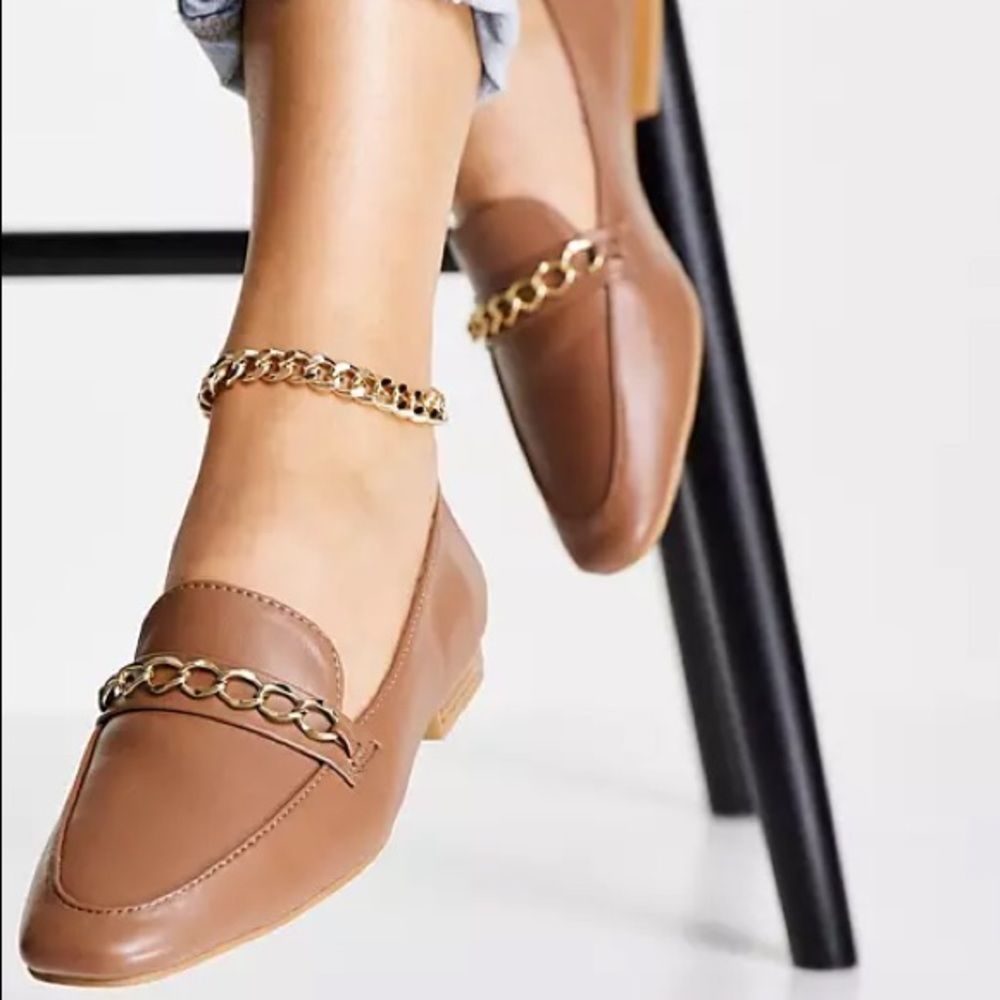 ASOS new tan loafers with gold chain accent